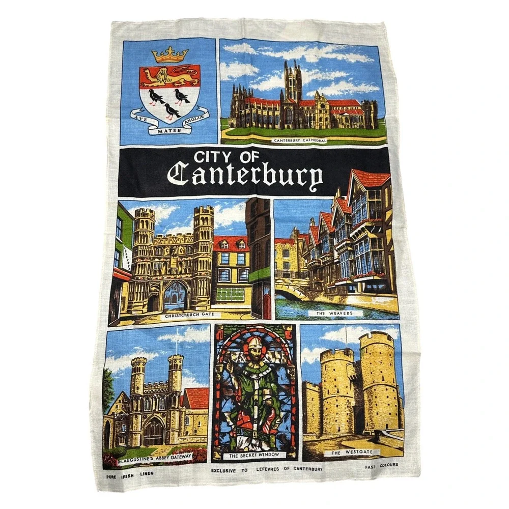 Vintage City of Canterbury Pure Irish Linen Tea Towel Souvenir England Landmarks